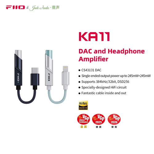 FiiO KA11 Type C/Lightning  to 3.5mm Audio Adapter 32bit/384KHz, USB Dongle HiFi DAC Amplifier for Android/iOS/Win