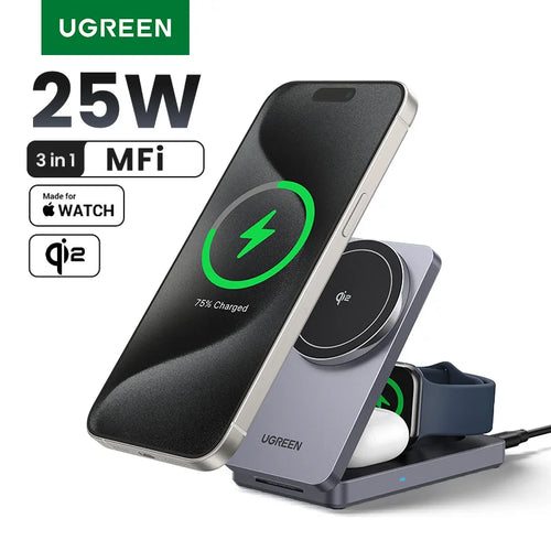 UGREEN 3-in-1 MFi 15W MAX Magnetic Wireless Charger Qi2 Charging Stand For iPhone 16 17 Pro Max For MagSafe Fast Charger