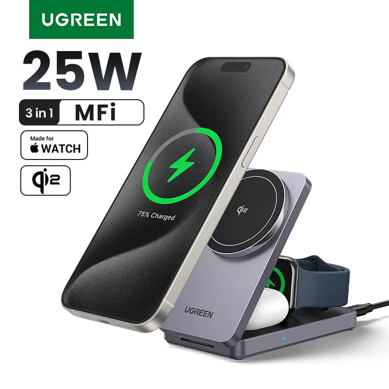 UGREEN 3-in-1 MFi 15W MAX Magnetic Wireless Charger Qi2 Charging Stand For iPhone 16 17 Pro Max For MagSafe Fast Charger