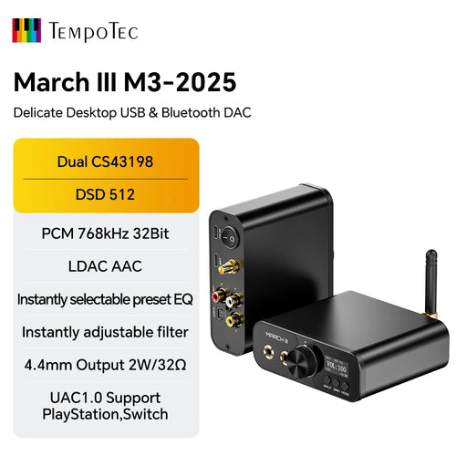 TempoTec Mach III-M3 HIFI USB DAC,Bluetooth DAC, 2*CS43198 DAC chip,UAC1.0 for PlayStation PS4,PS5,UAC2.0, EQ,Filter,DSD512/LDAC