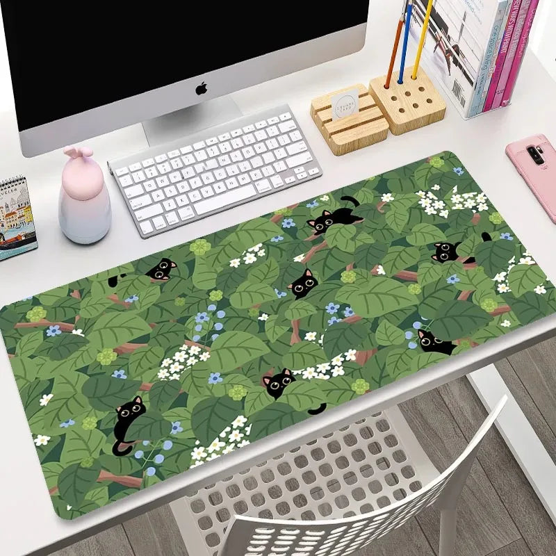 Anime Green Black Cat Large Mouse Pad 400x900MM XXL Gamer Mouse Mat Office Table Mat Kawaii plants Desk pad gaming accessories