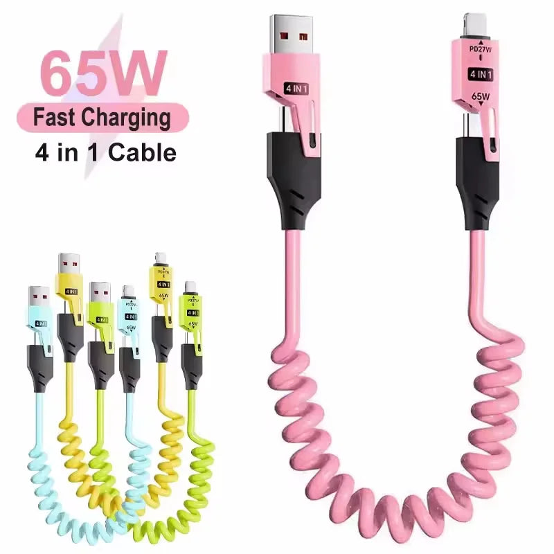 4 in 1 65W Spring Short Data Cable 6A USB Type C Spring Telescopic Quick Charger Wire Spring USB Cable for iPhone 16 15 14 13