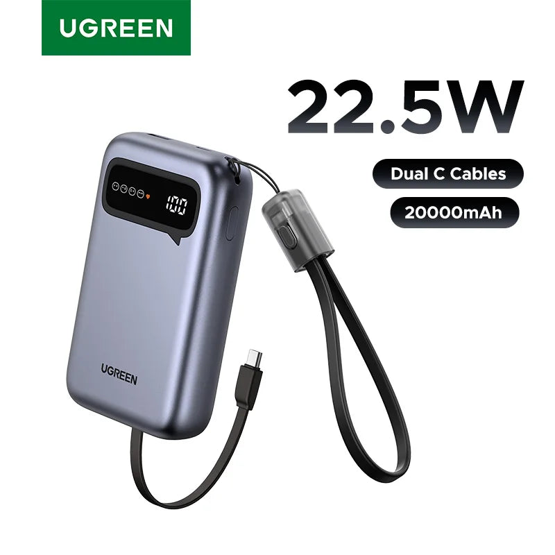 UGREEN 20000mAh Dual Type C Cable Power Bank Fast Charge Portable PowerBank for iPhone 17 16 Pro Max PD 20W External Battery