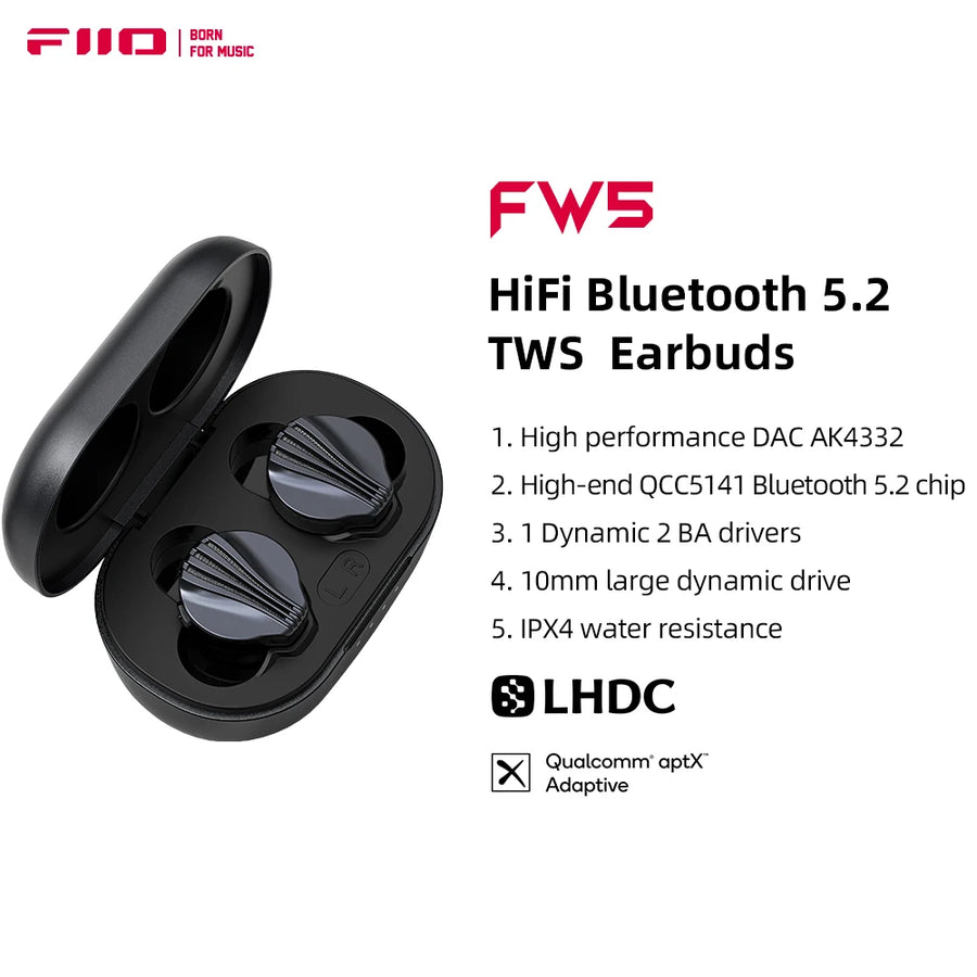 FiiO FW5 TWSWireless Bluetooth LHDC/aptX adaptive Earphones Sport Stereo HiFi Music Earbuds 10mm Dynamic Driver Earphone