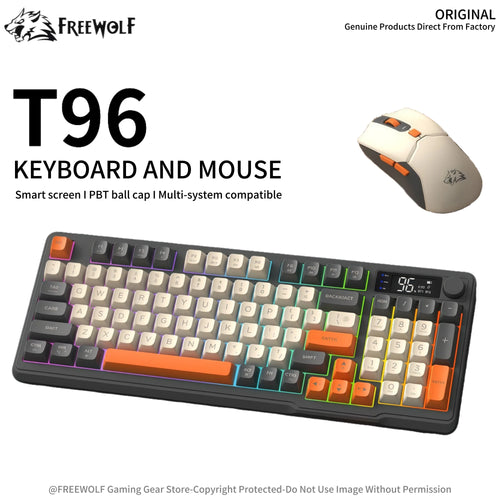 FREEWOLF T96 Gaming Keyboard and Wireless Mouse Kit,Fashionable Three-color Keyboard,Intelligent Screen,Multi-Functional Knob
