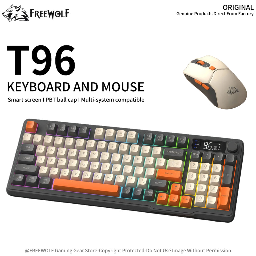 FREEWOLF T96 Gaming Keyboard and Wireless Mouse Kit,Fashionable Three-color Keyboard,Intelligent Screen,Multi-Functional Knob